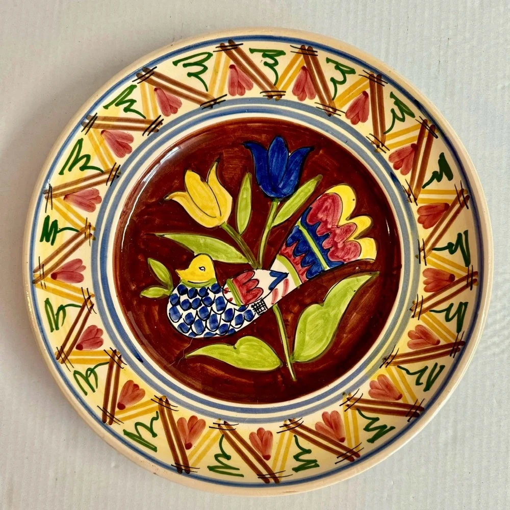 Vintage Pottery Barn LAMAS Brown/Multi dove pottery plate handmade in Italy.